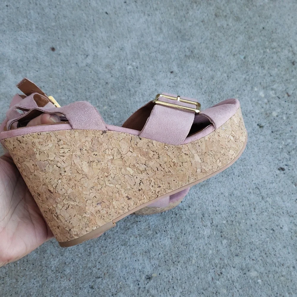 Anthropologie Lien Do Womens Suede Cork Platform Wedge Sandals Size 6 Pink Boho